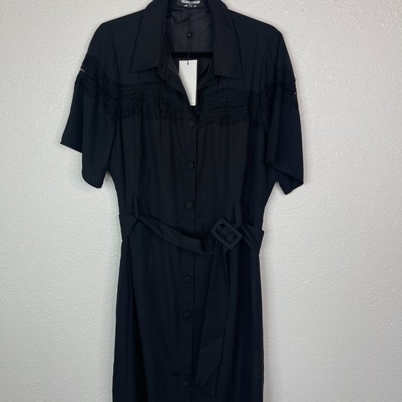 Fashion Union midi button down shirt dress with lace panel and belt - Picture 3 of 7